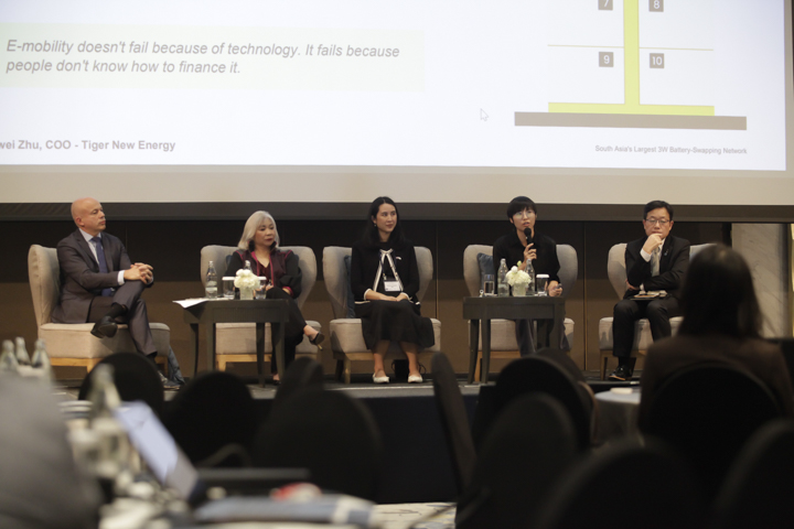 Panelists during the session on "Private Sector Involvement in Financing E-Mobility", held as part of the Regional Meeting and Workshop on Unlocking Finance for Scaling Up E-Mobility in Asia and the Pacific in Bangkok, Thailand from 1-4 December 2025.